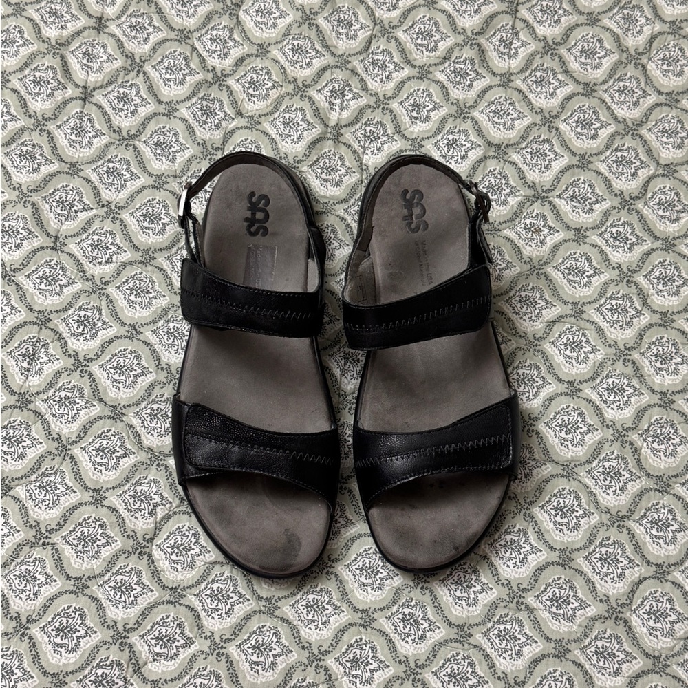 SAS Nudu Midnight Black Leather Comfort Ankle Strap Sandals Women's Size 10